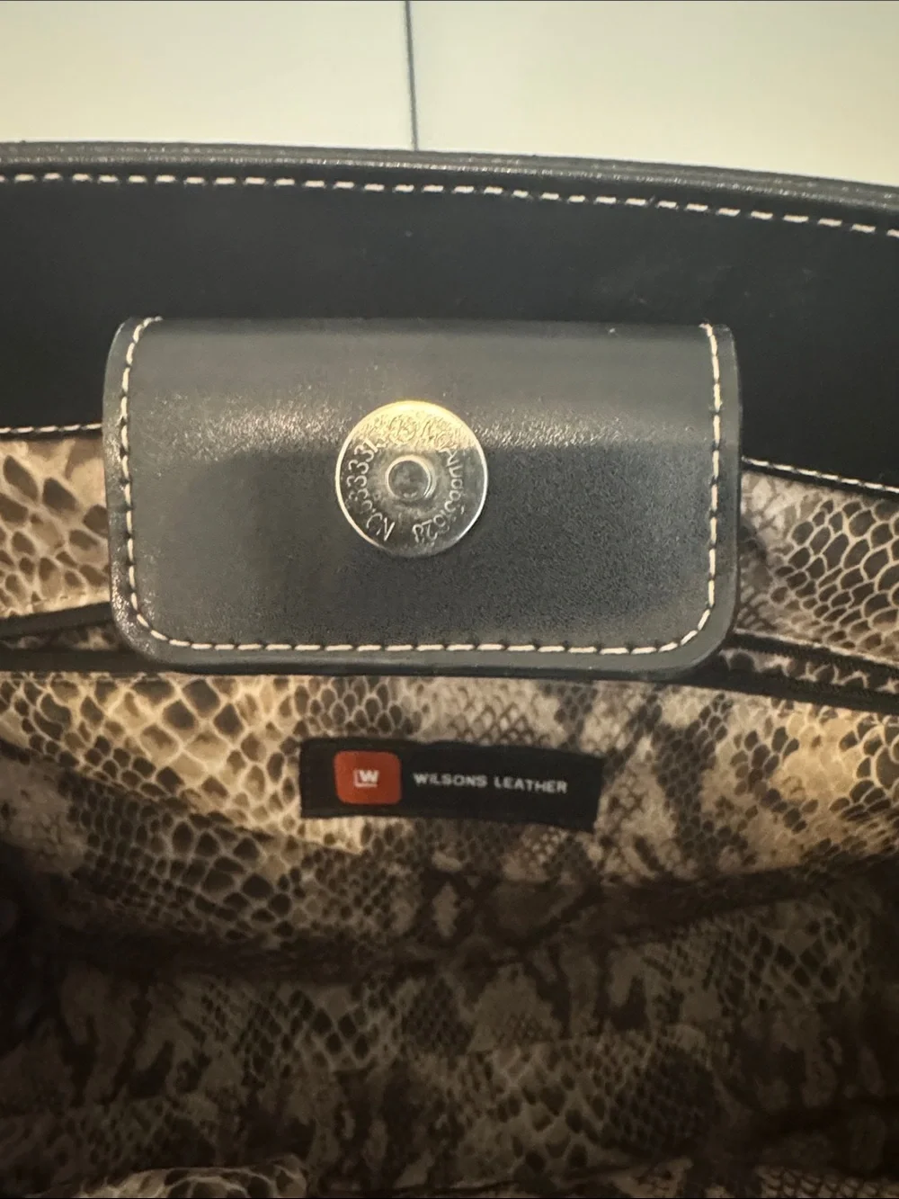 Wilsons Black Leather Tote with Snake-Print Interior
